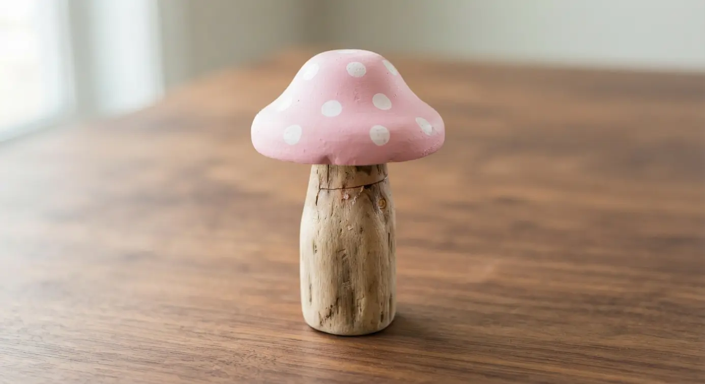A whimsical garden decoration featuring a pastel pink polka dot cap atop a twisted driftwood stem.