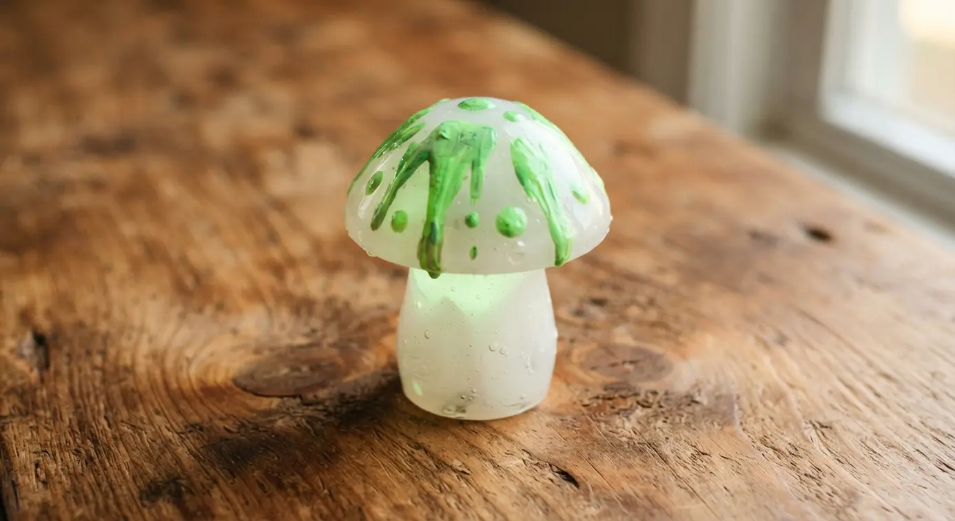 A nightlight toadstool made from translucent resin and glow paint, illuminating a garden path after dark.
