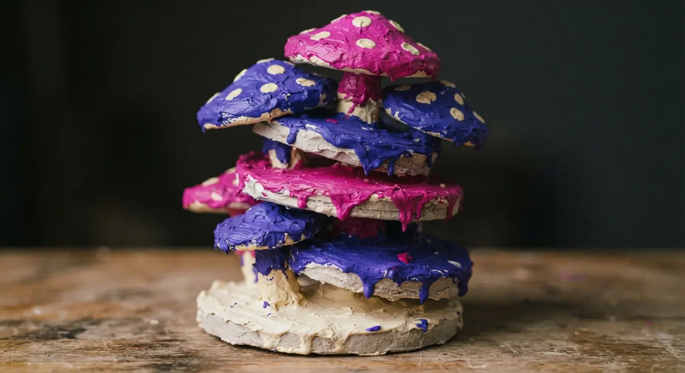 A three-tiered mushroom sculpture with blue and purple dripping paint effects, displayed among flowers.