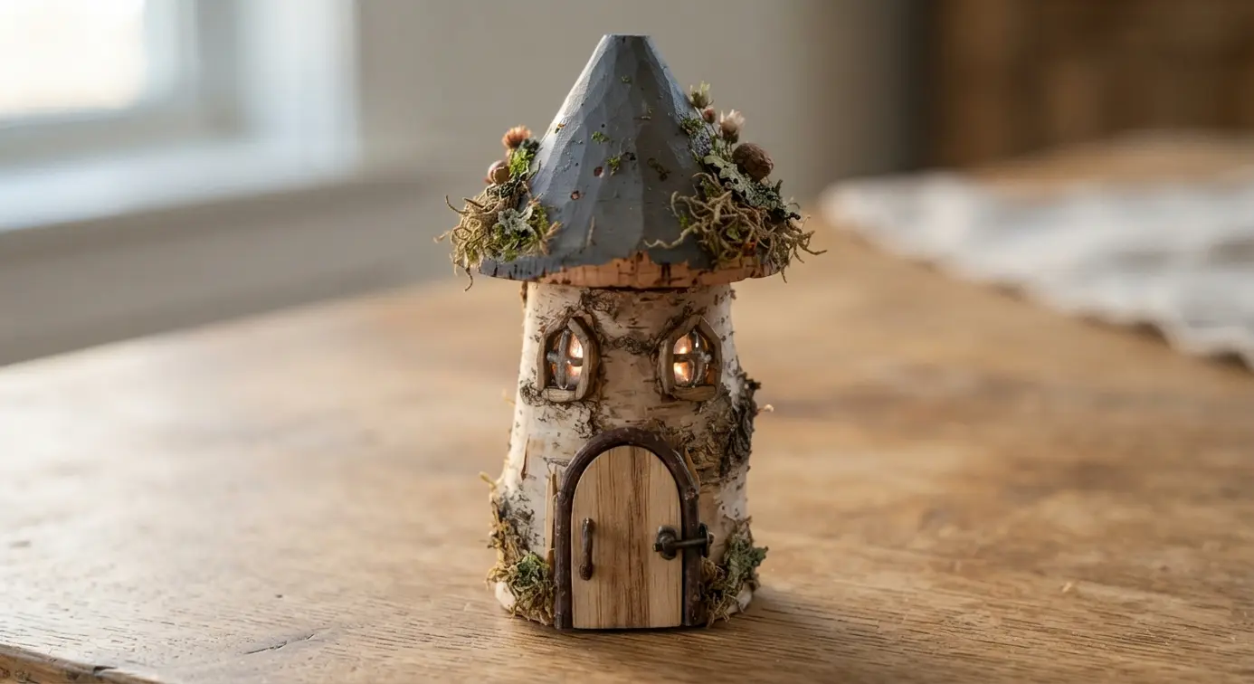 A fairy house toadstool with a birch log stem, tiny round windows, and a wooden door under a sloping cap.