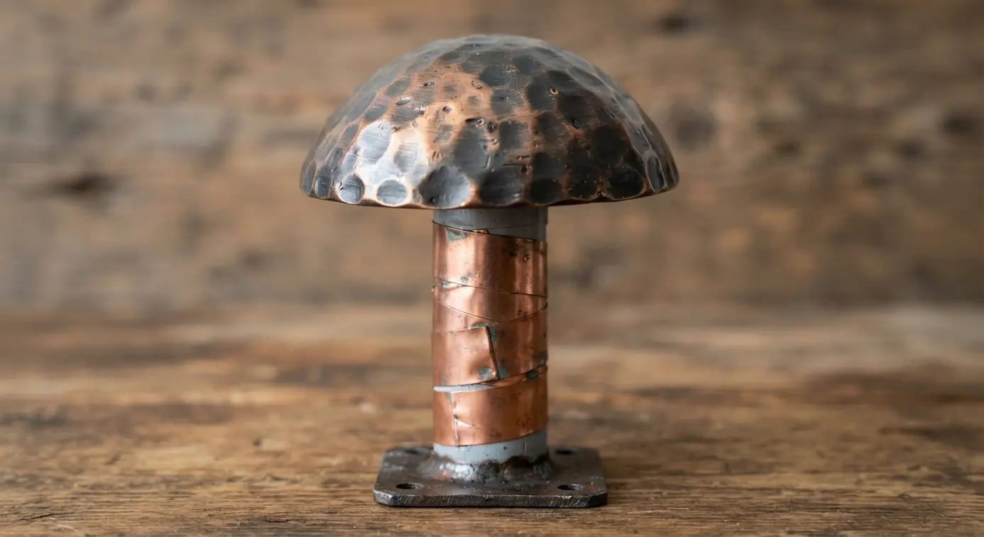 A steampunk-inspired mushroom with a metallic bronze cap featuring hammered texture, set on a copper pipe stem.