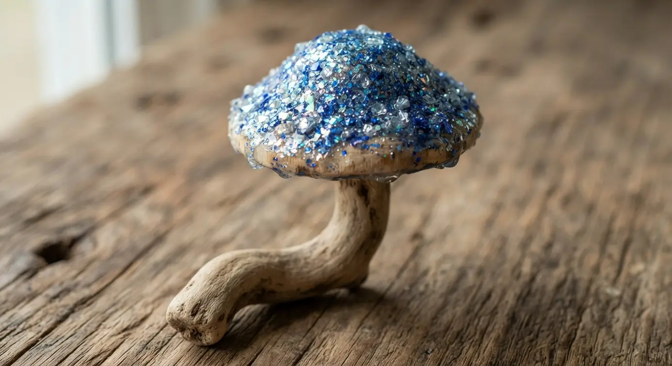 A fantasy toadstool with an iridescent blue glitter cap and a naturally curved driftwood stem, in a mystical garden setting.