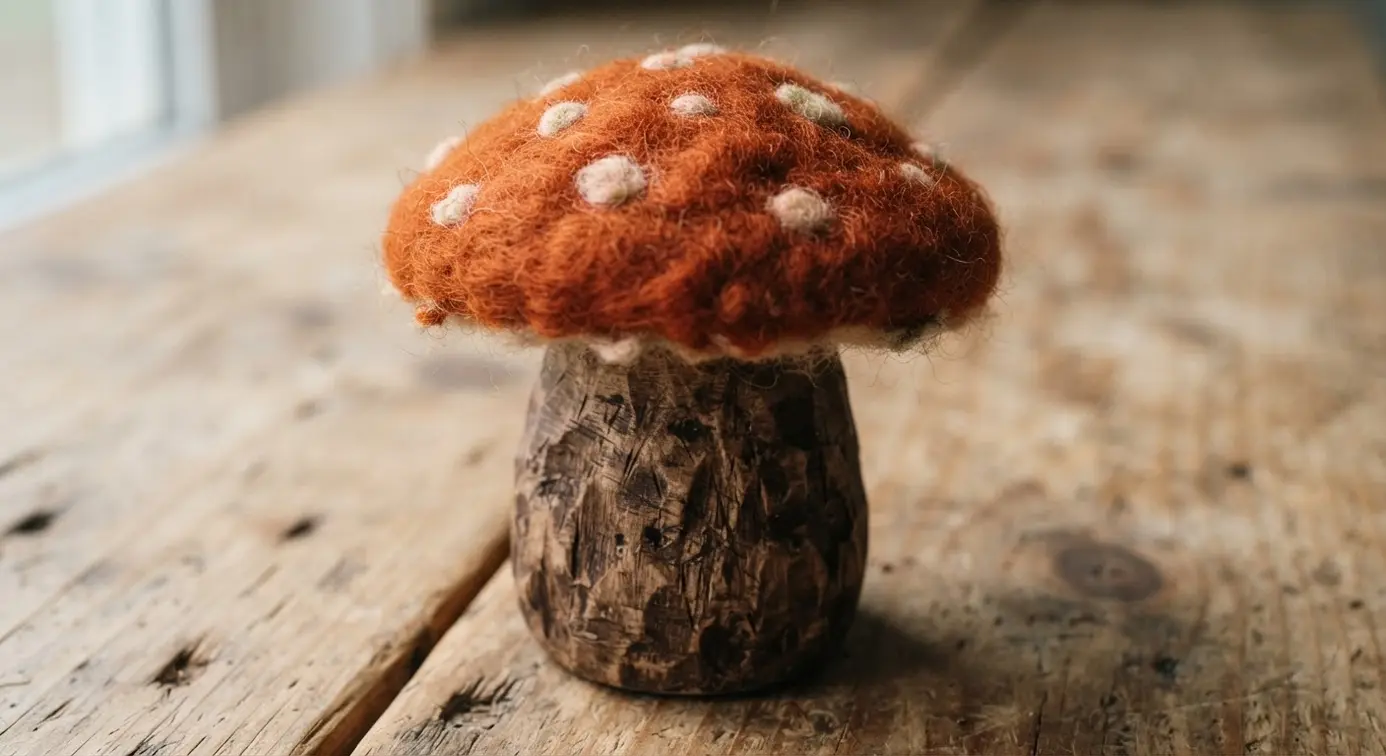 A mushroom with a carved foam stem painted to look like tree bark, topped with a plush felted wool cap in warm orange.