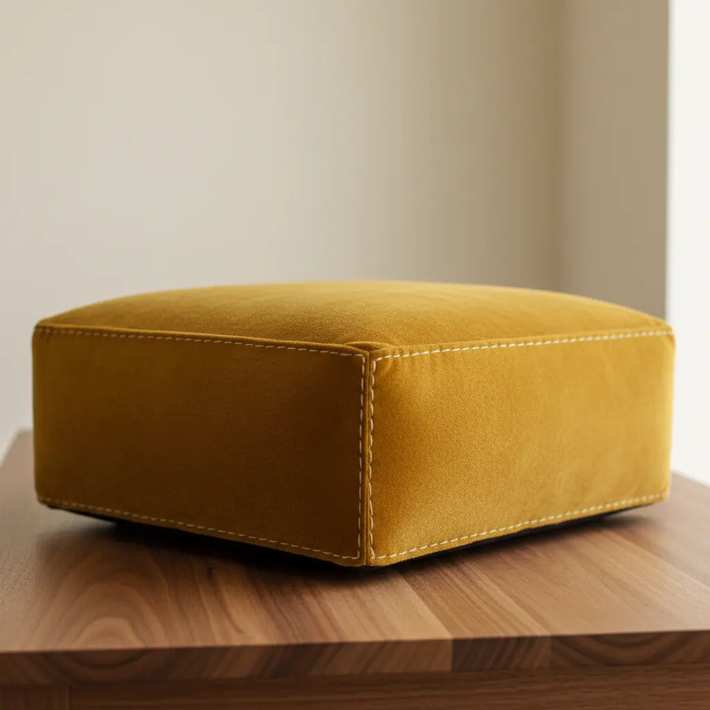 A modern low bench with a square silhouette covered in plush mustard-colored velvet fabric.