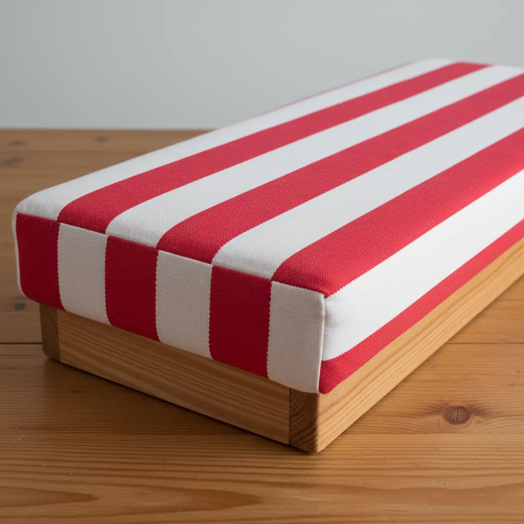 A bench built into a window alcove, with a cushioned seat covered in robust red and white striped duck canvas.
