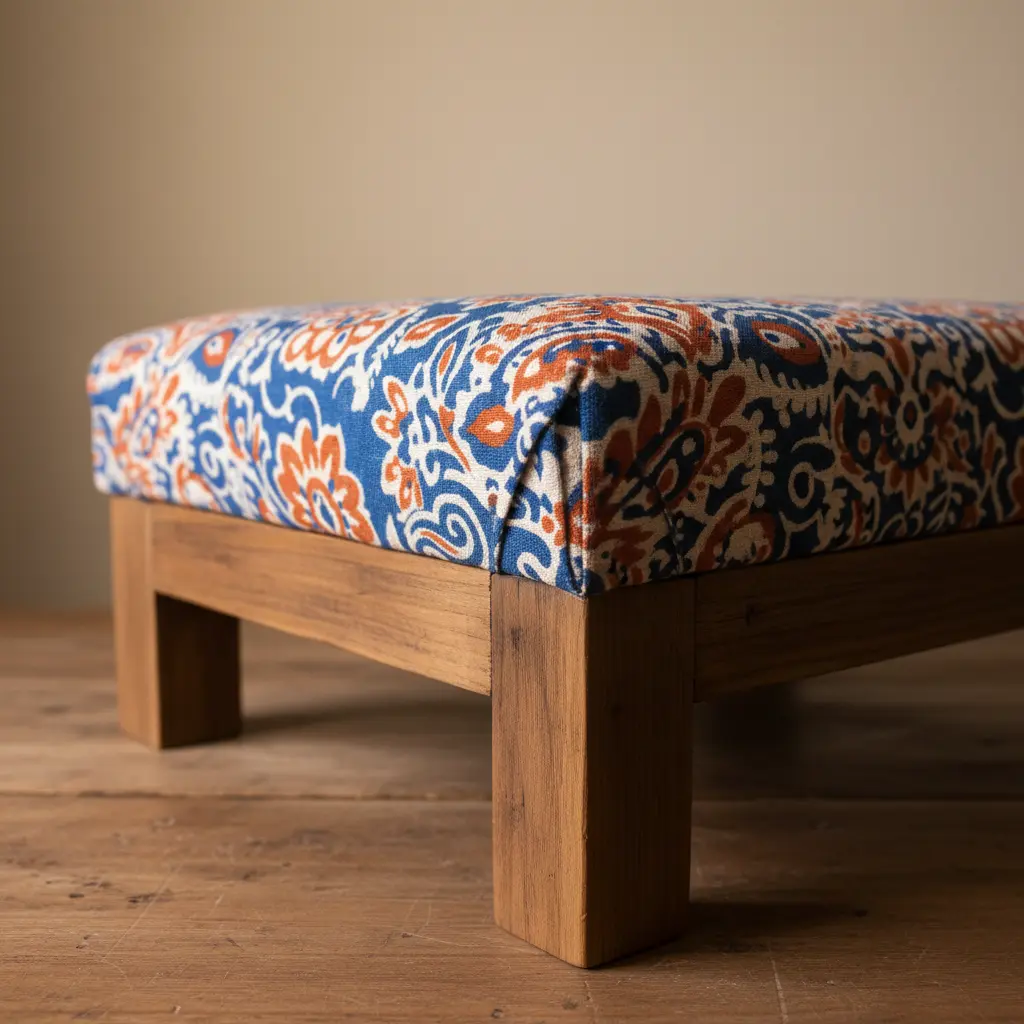 A wooden bench with a padded top covered in a bright, whimsical canvas print featuring animals or stars.