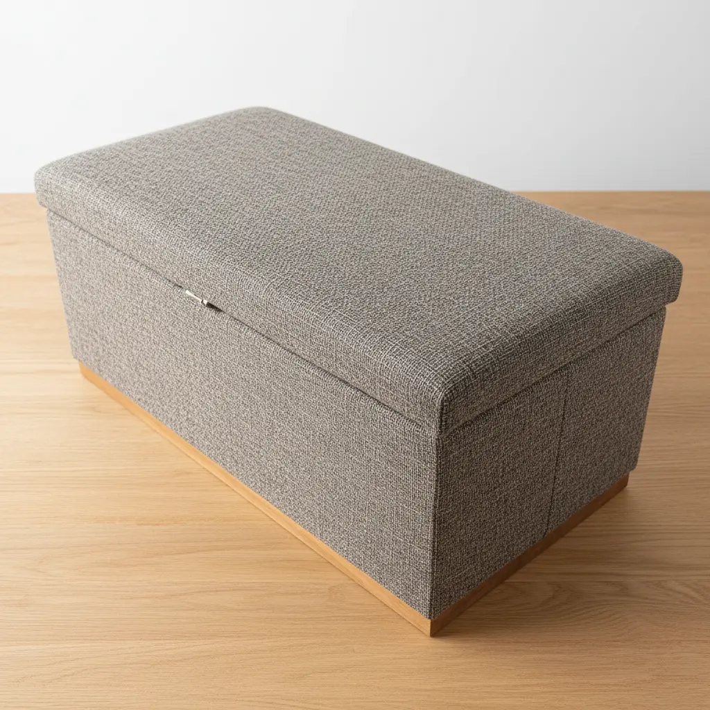 A bench with a hinged lid revealing storage space inside, covered in a textured grey tweed fabric.