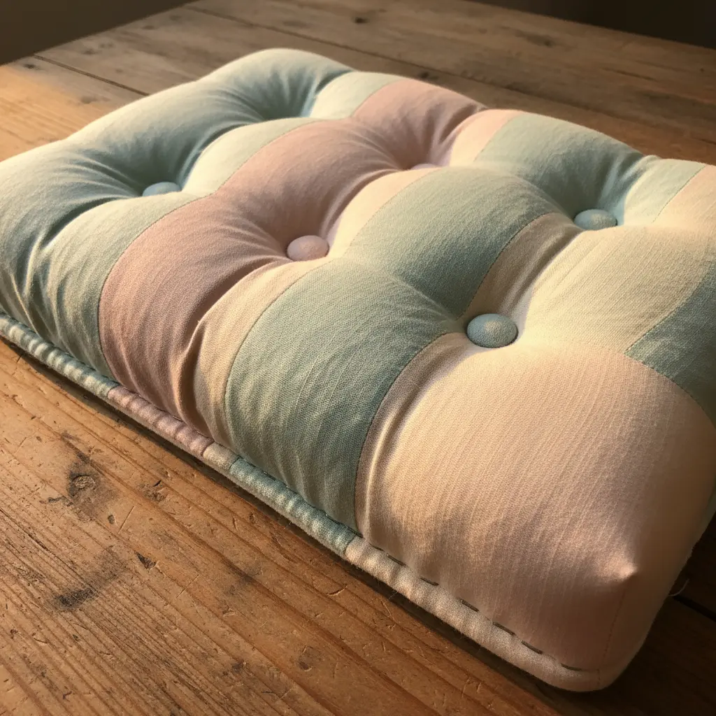 A small bench with a deep button-tufted top upholstered in a soft pink, blue, or mint fabric.
