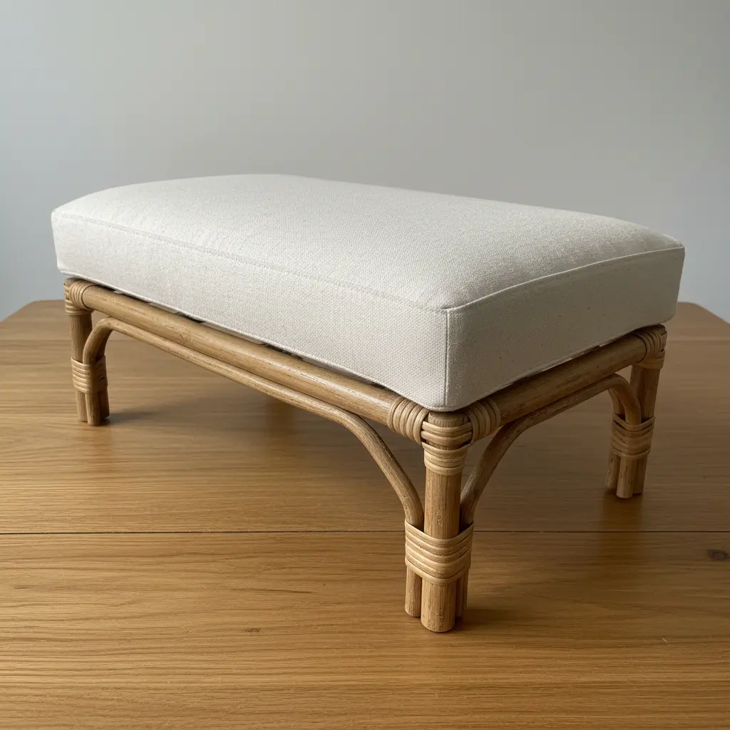 A bench with a woven rattan frame and a thick, cushioned seat covered in a neutral cotton or linen fabric.