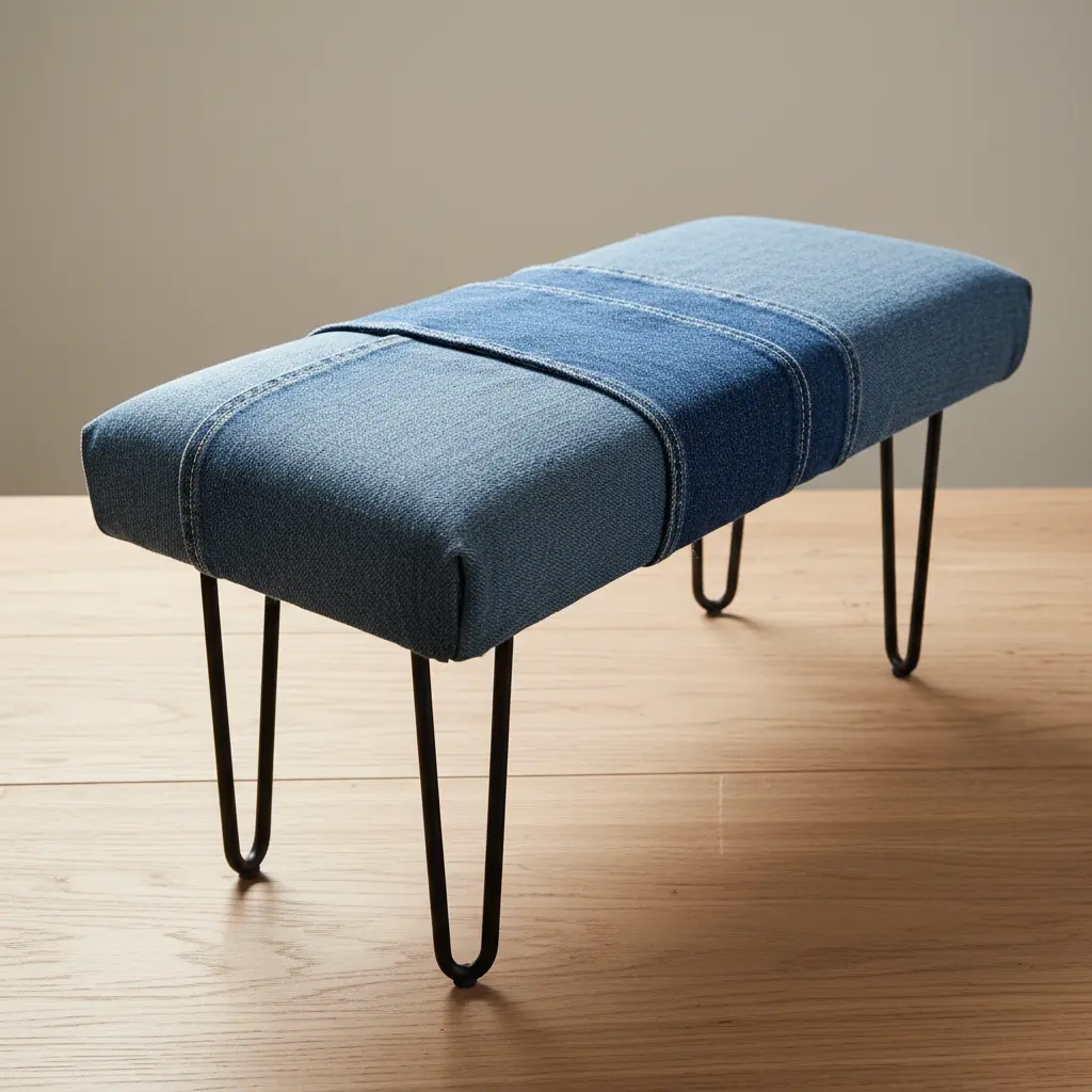 A bench with black metal hairpin legs and a seat upholstered in sturdy, medium-wash denim fabric.