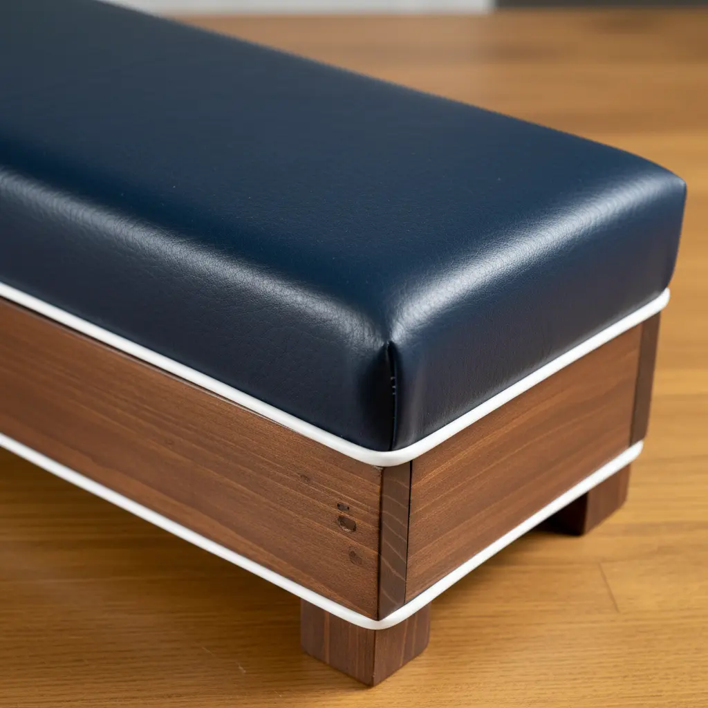 A rectangular bench with rounded edges, completely covered in a smooth, wipeable navy or black faux leather.