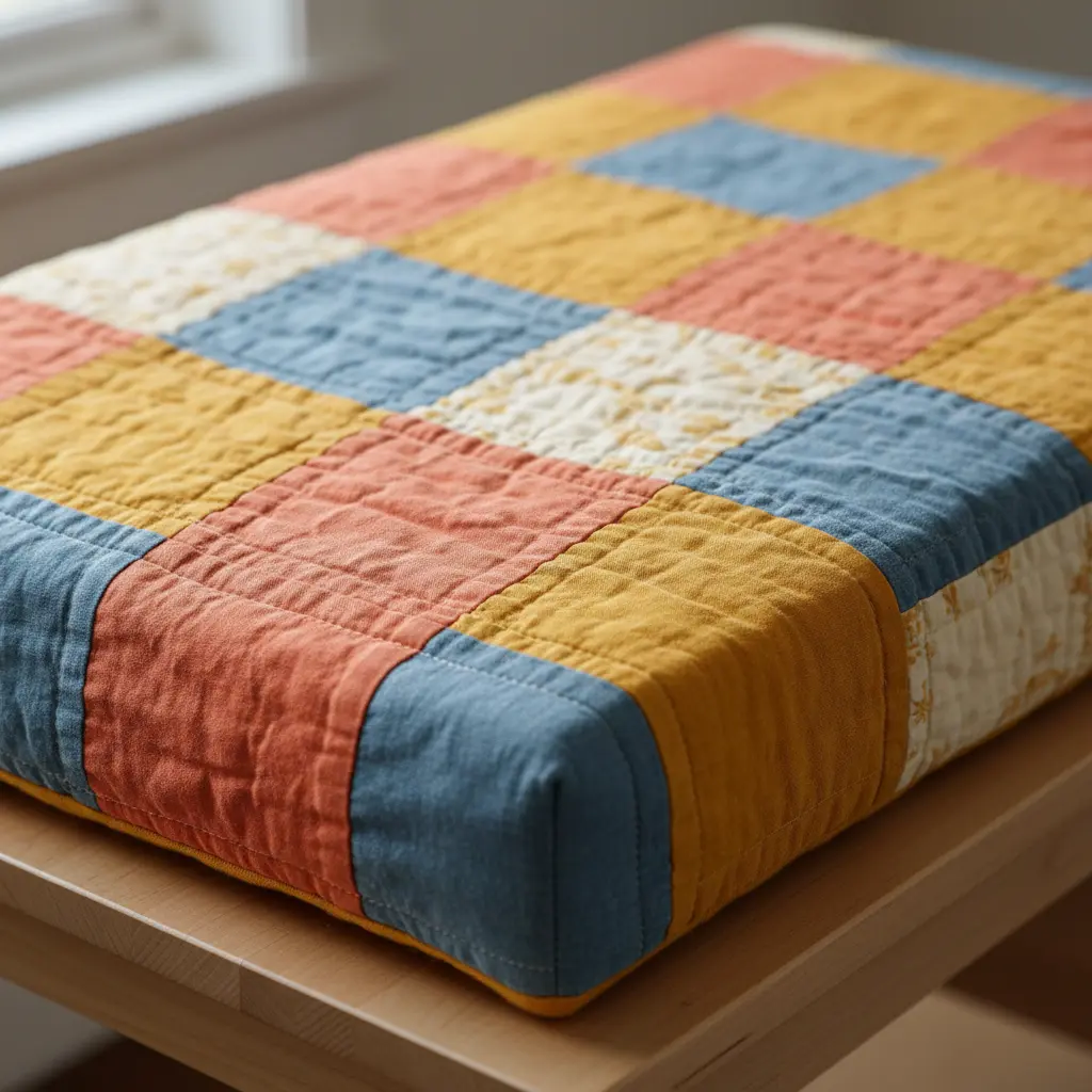 A bench seat upholstered with a patchwork of colorful cotton fabric squares, reminiscent of a handmade quilt.