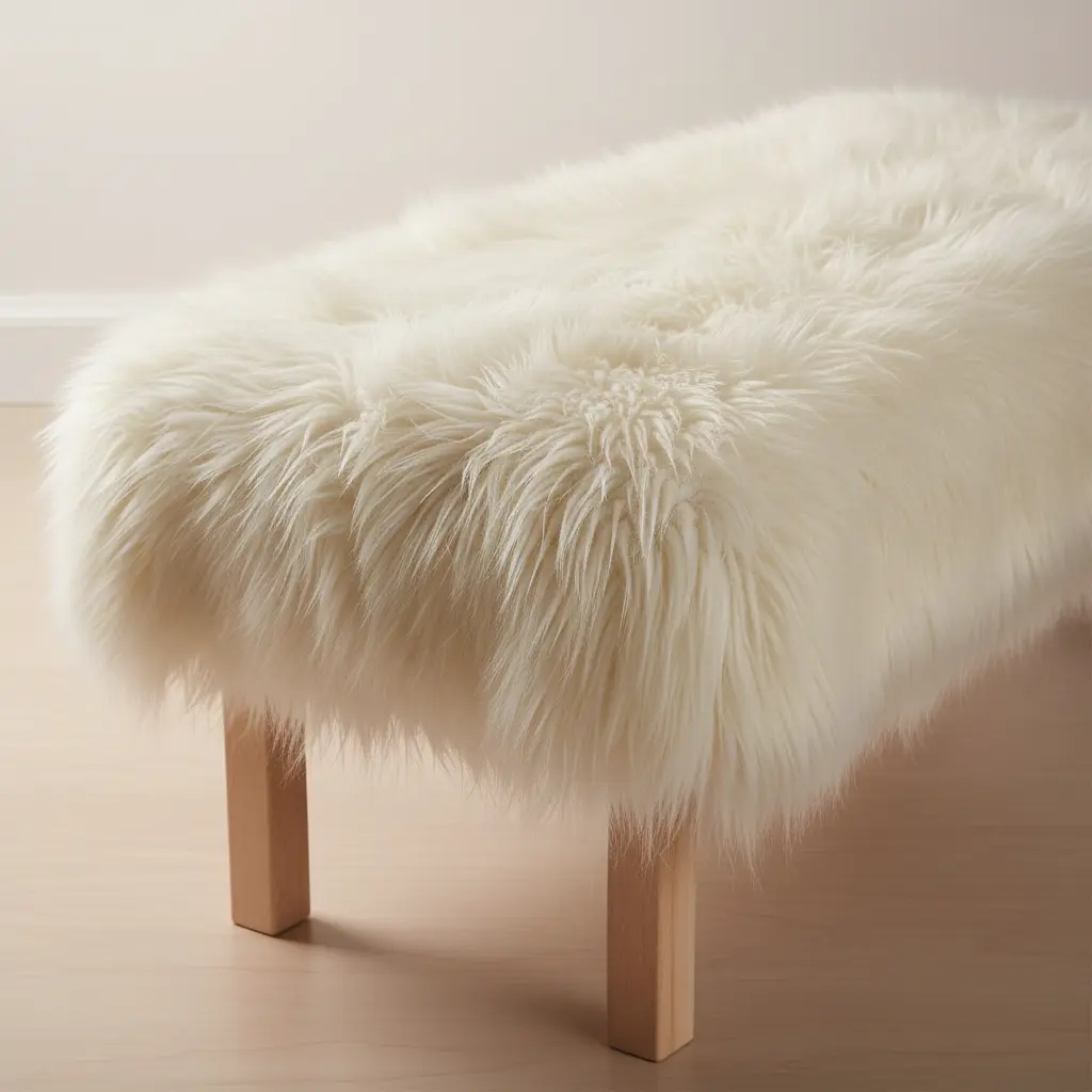 A low bench positioned by a door, with a seat covered in thick, white or cream faux fur material.