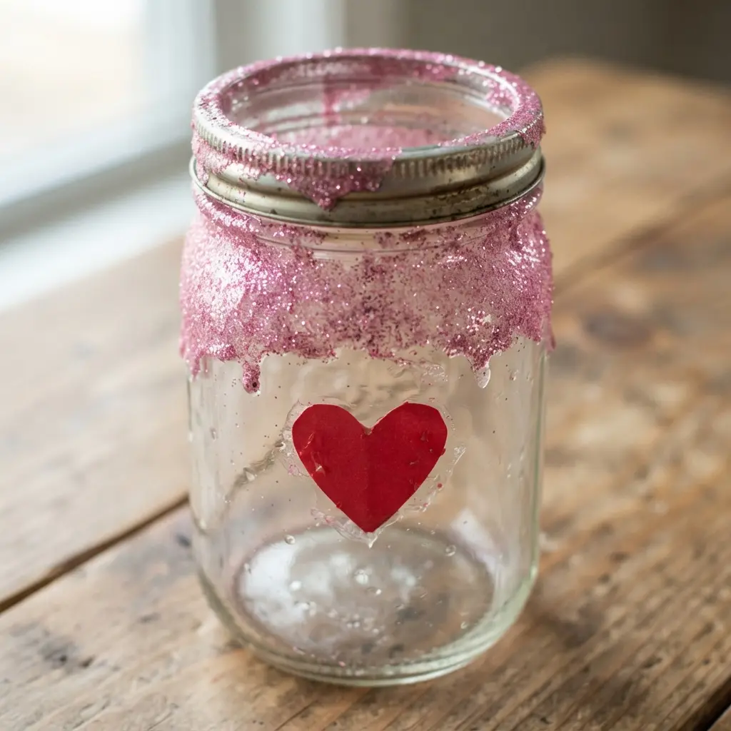 A sparkling mason jar with a pink glitter rim and a red paper heart glued to the front.