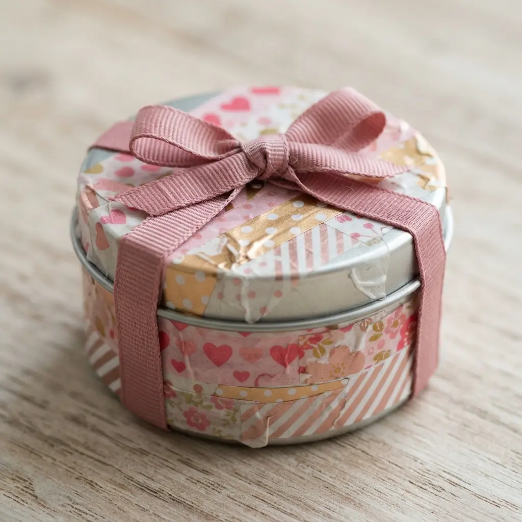 An Altoids-style tin covered in strips of pink and gold washi tape, secured with a grosgrain ribbon.