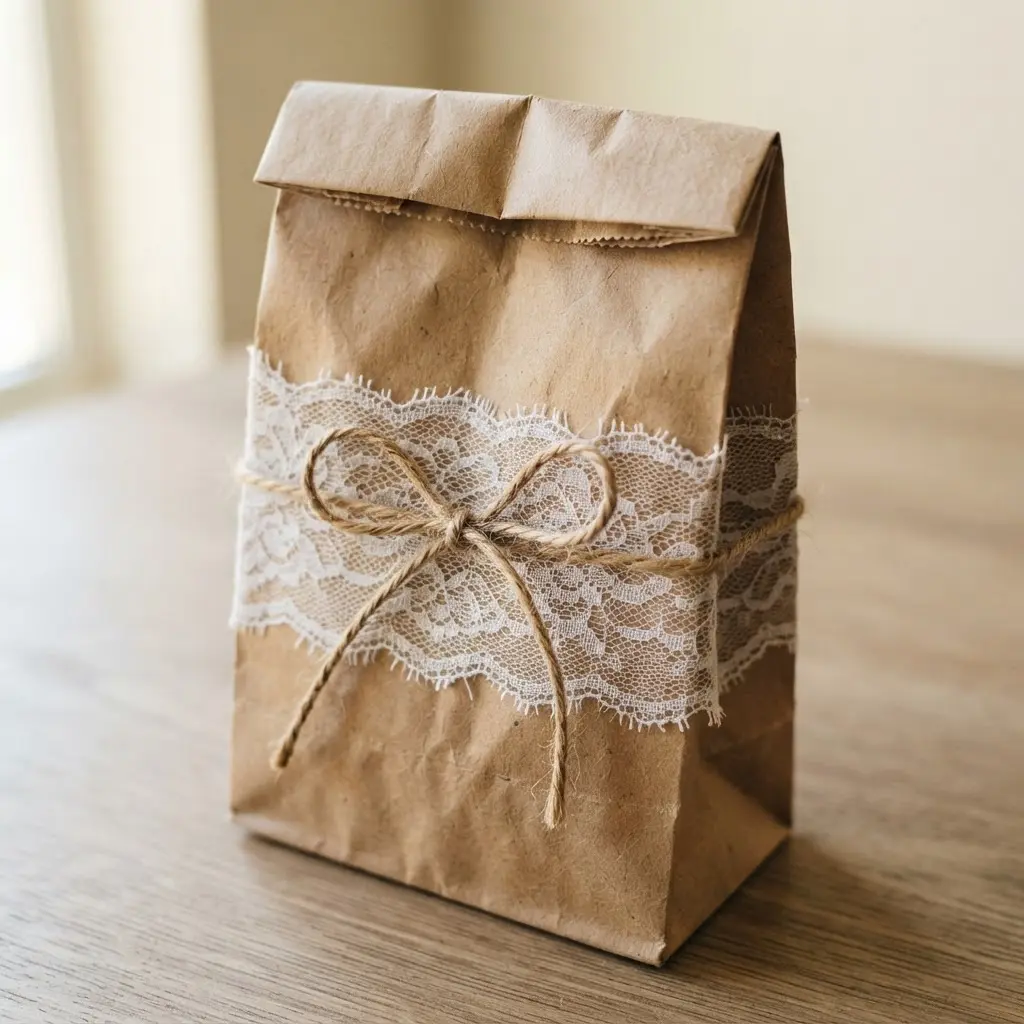 A rustic kraft paper gift bag decorated with a wide band of delicate white lace and a twine bow.