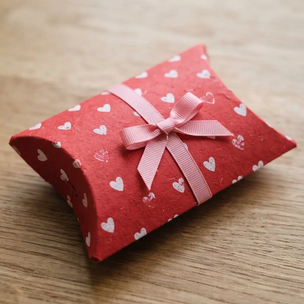 A plump, red cardstock pillow box sealed with a ribbon, featuring tiny white heart stamps.