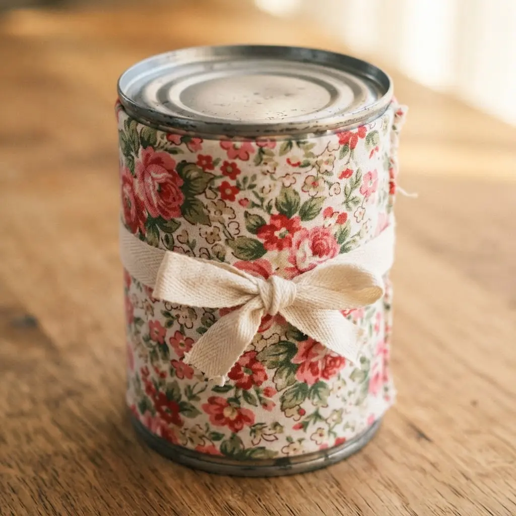 A repurposed tin can covered in a pink and red floral print fabric, tied with a cream ribbon.