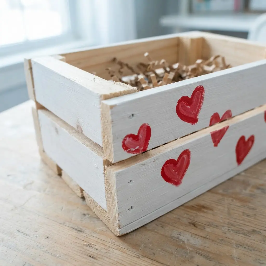 A miniature wooden crate painted in white chalk paint, decorated with hand-painted red hearts.