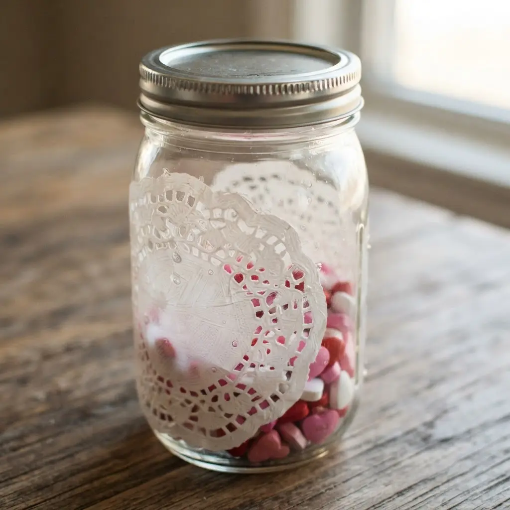 A clear glass preserving jar with a white paper doily attached to the side using decoupage medium.