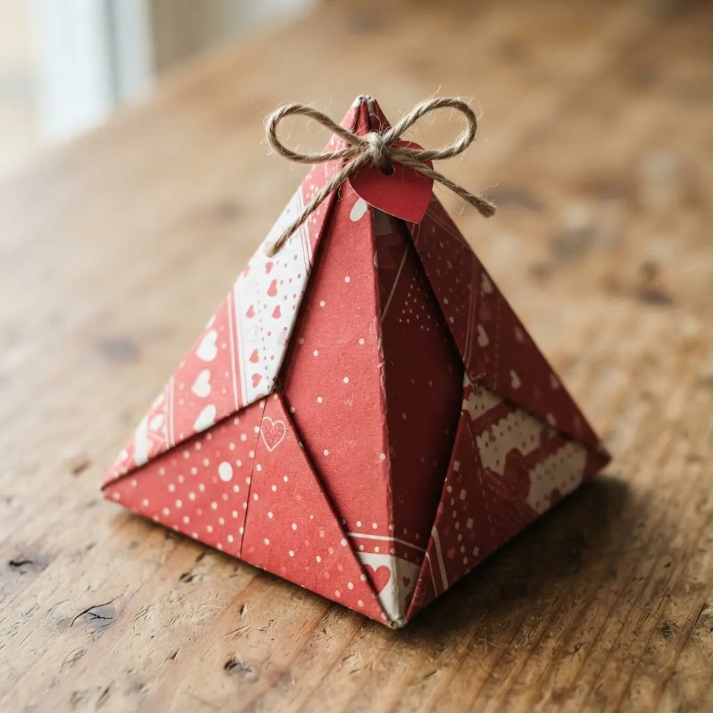 A three-dimensional pyramid gift box made from folded red and white patterned cardstock.