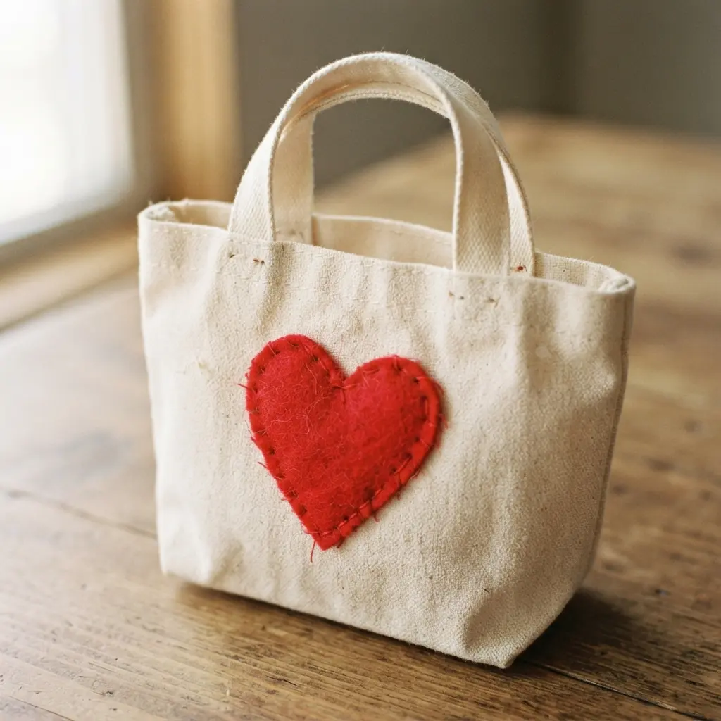 A small cream cotton tote bag with a bright red felt heart applique stitched to the front.