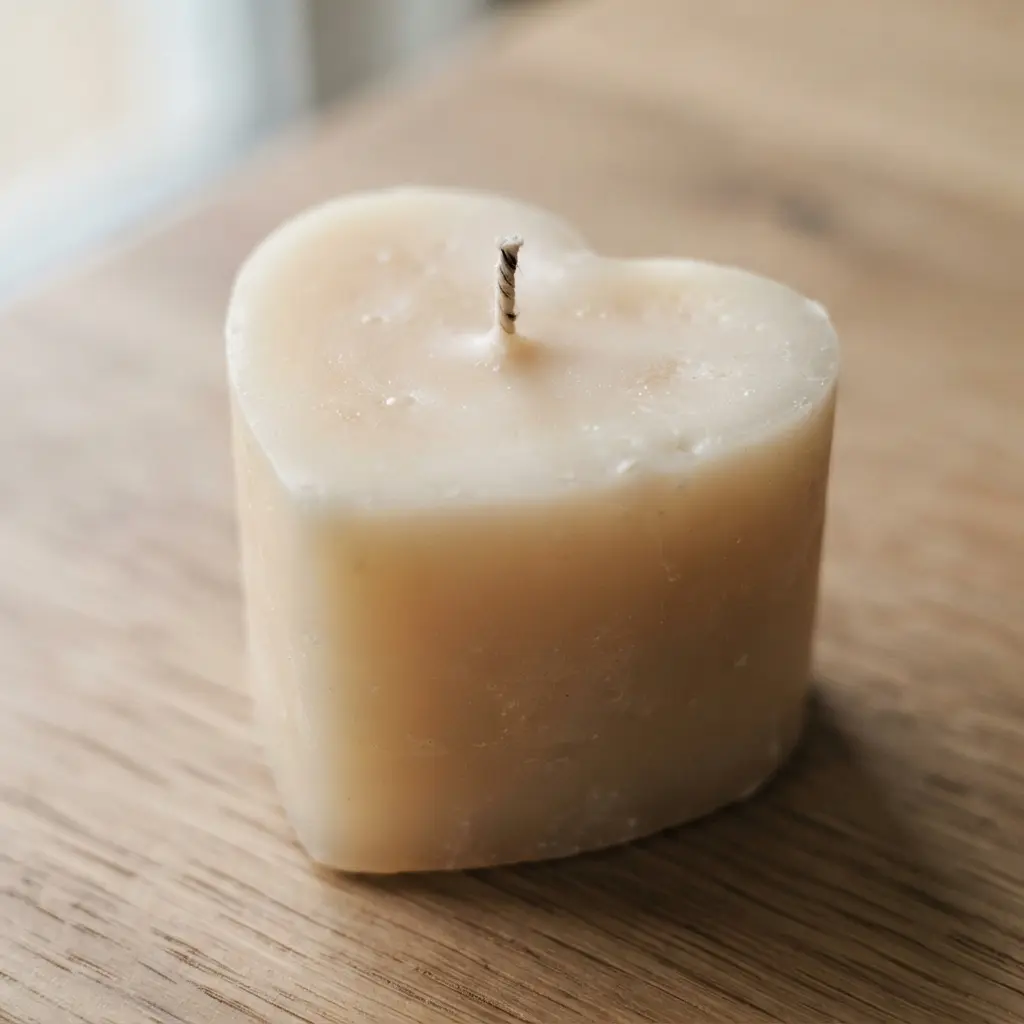 A tall, creamy white heart-shaped pillar candle made from soy wax, sitting on a rustic wooden surface.