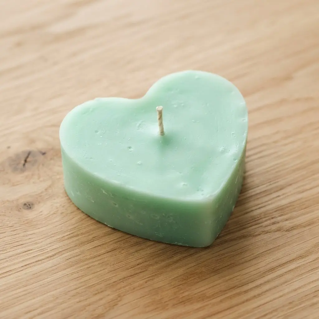 A pastel mint green heart candle with a completely smooth, matte surface.