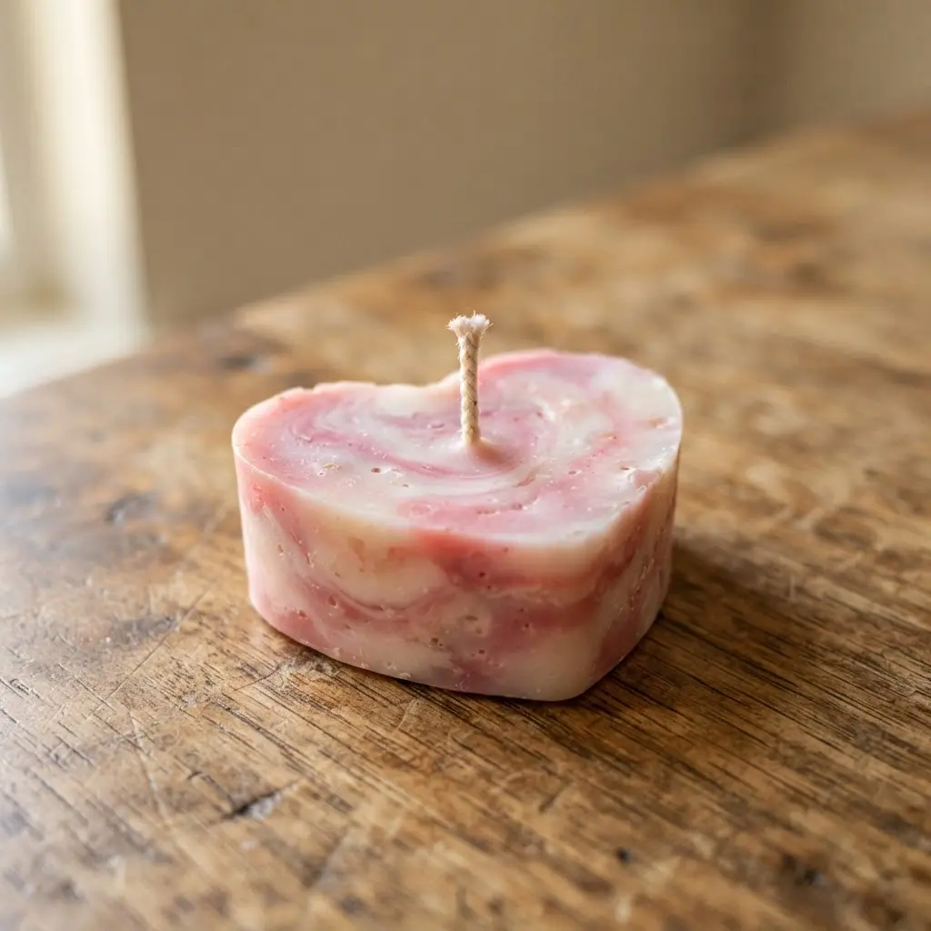 A delicate pink and white swirled heart votive candle in a clear glass container.