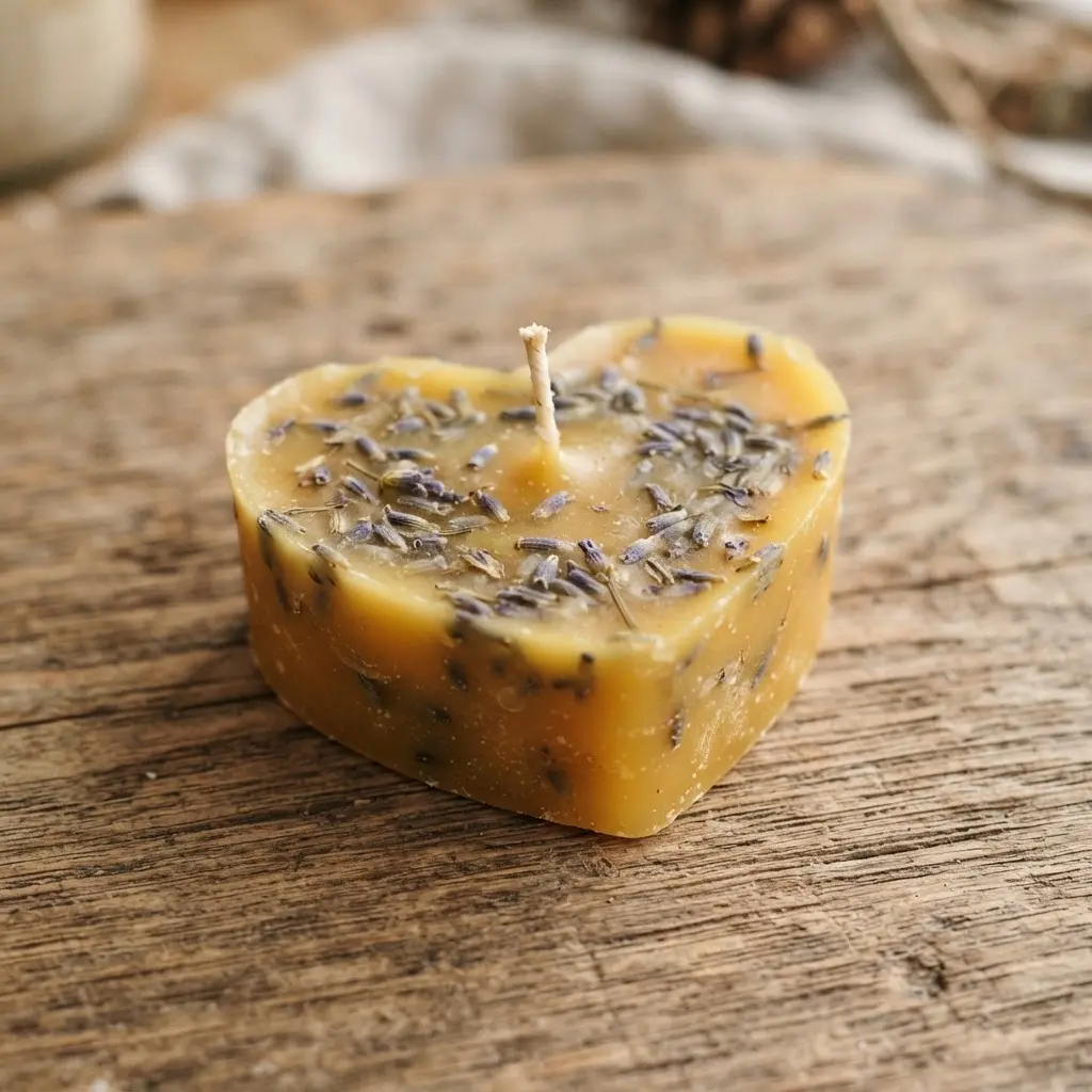 A warm golden beeswax heart candle with visible dried lavender buds suspended within the wax.