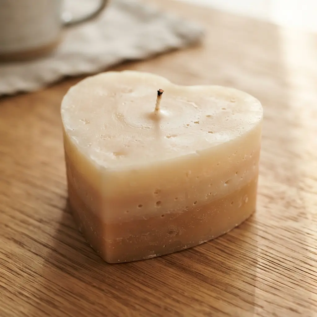 A heart-shaped candle with distinct ombre layers from light cream to a deeper tan color.