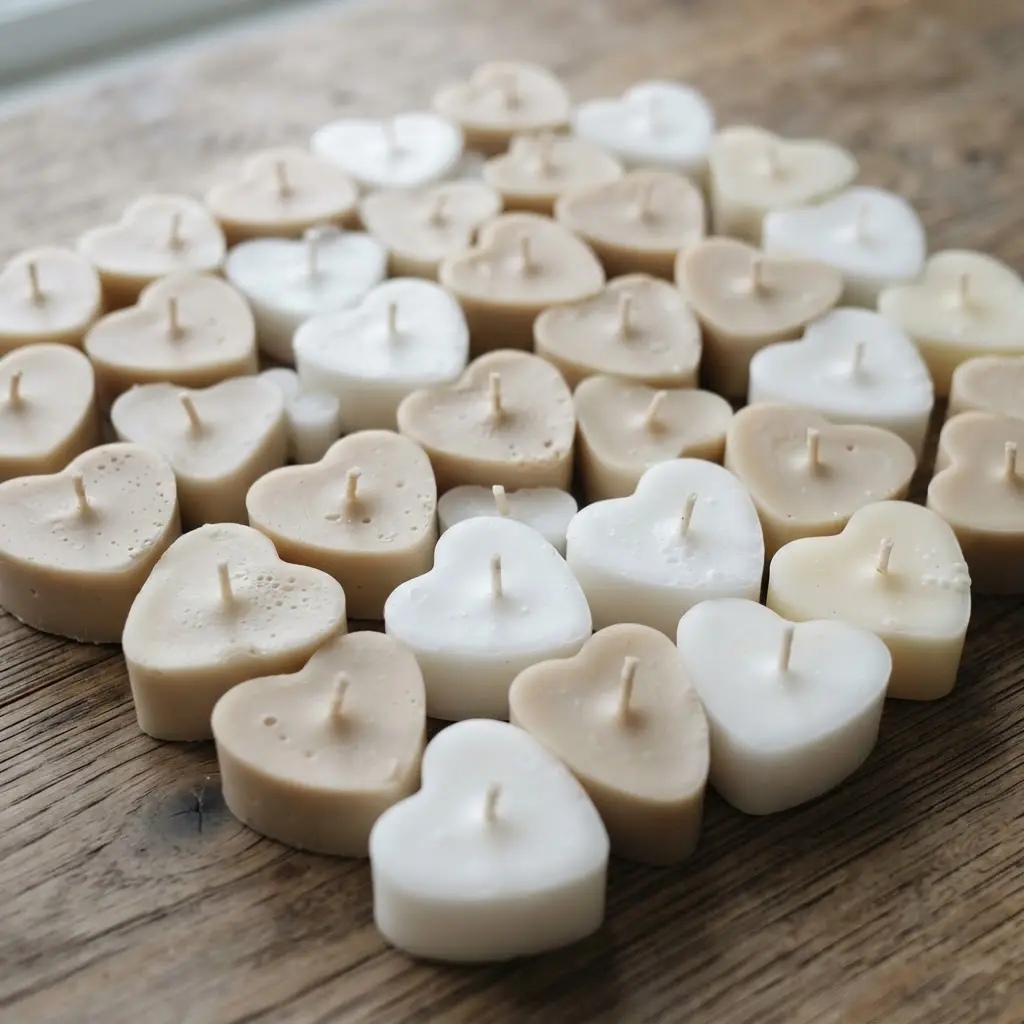 A set of four petite heart-shaped tealight candles in creamy beige and white colors.