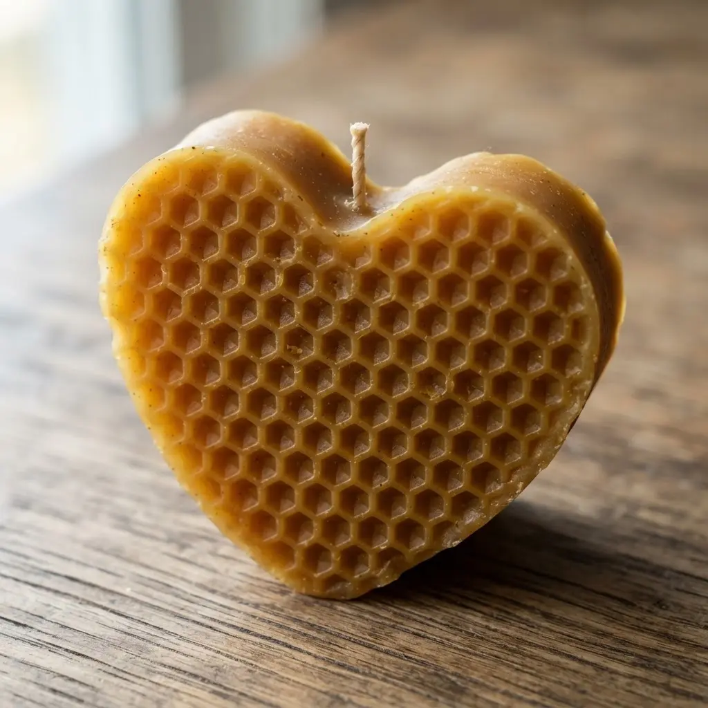 A textured heart candle with a raised golden honeycomb pattern across its top and sides.