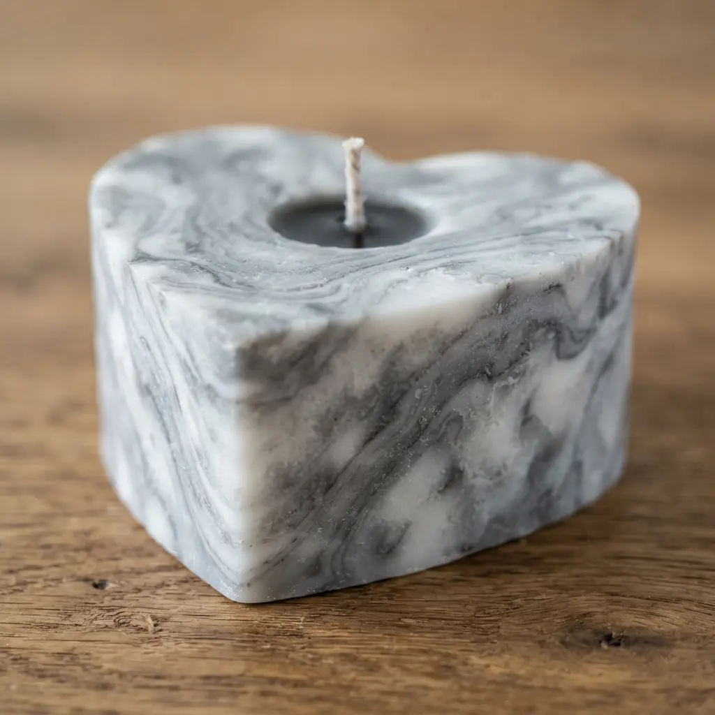A solid, block-style heart candle with swirling grey and white marbled wax patterns.
