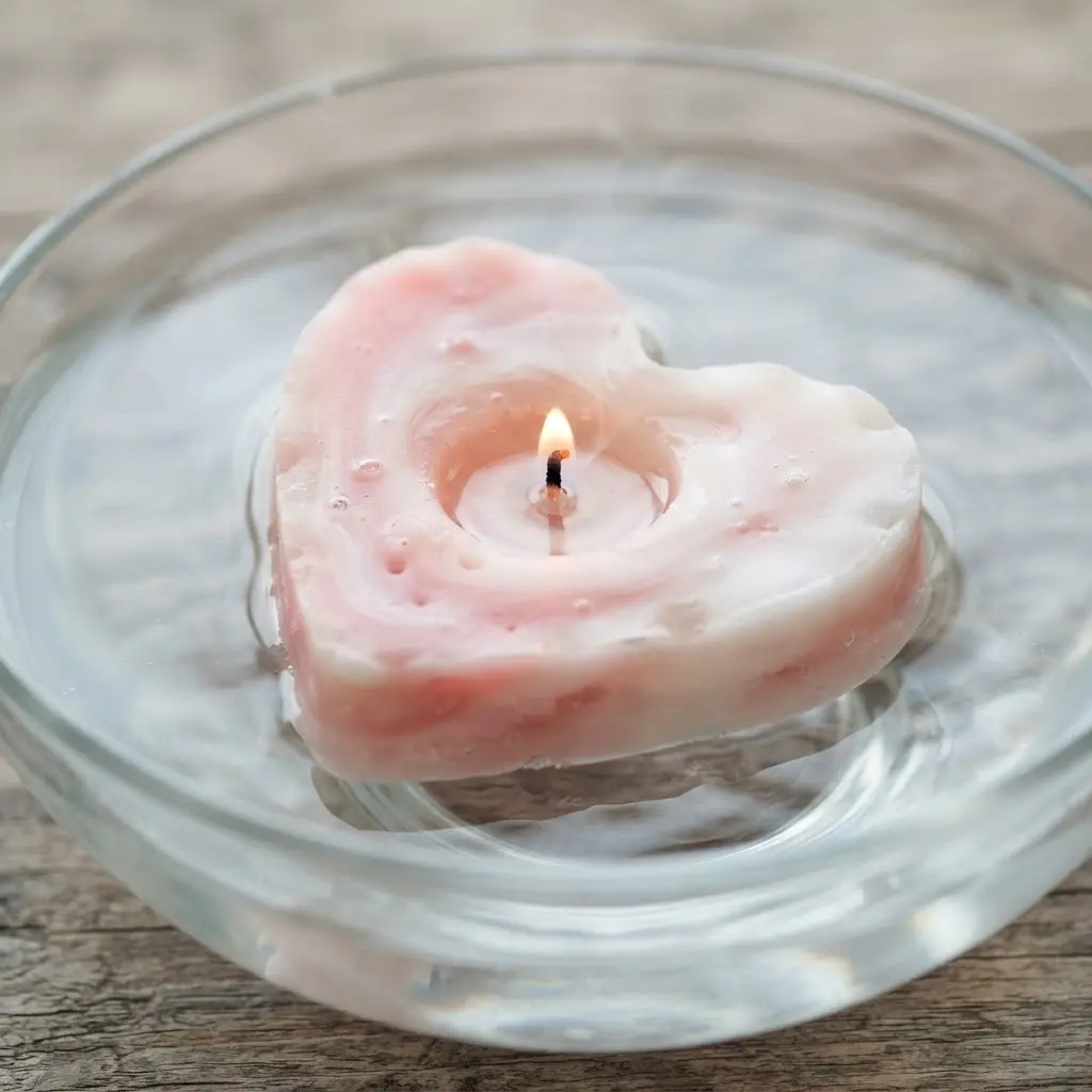 A small, flat heart candle floating in a bowl of water with a lit wick.