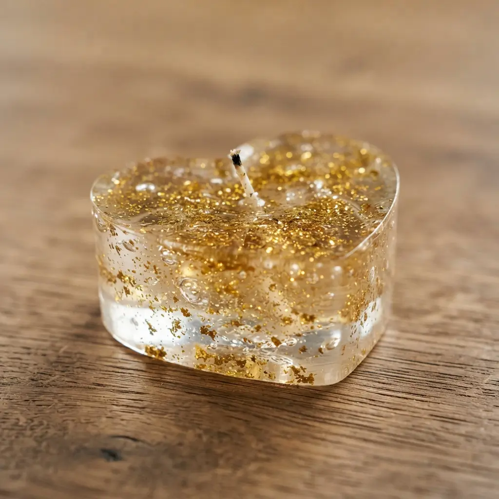 A transparent gel heart candle sparkling with fine gold glitter inside a glass mold.