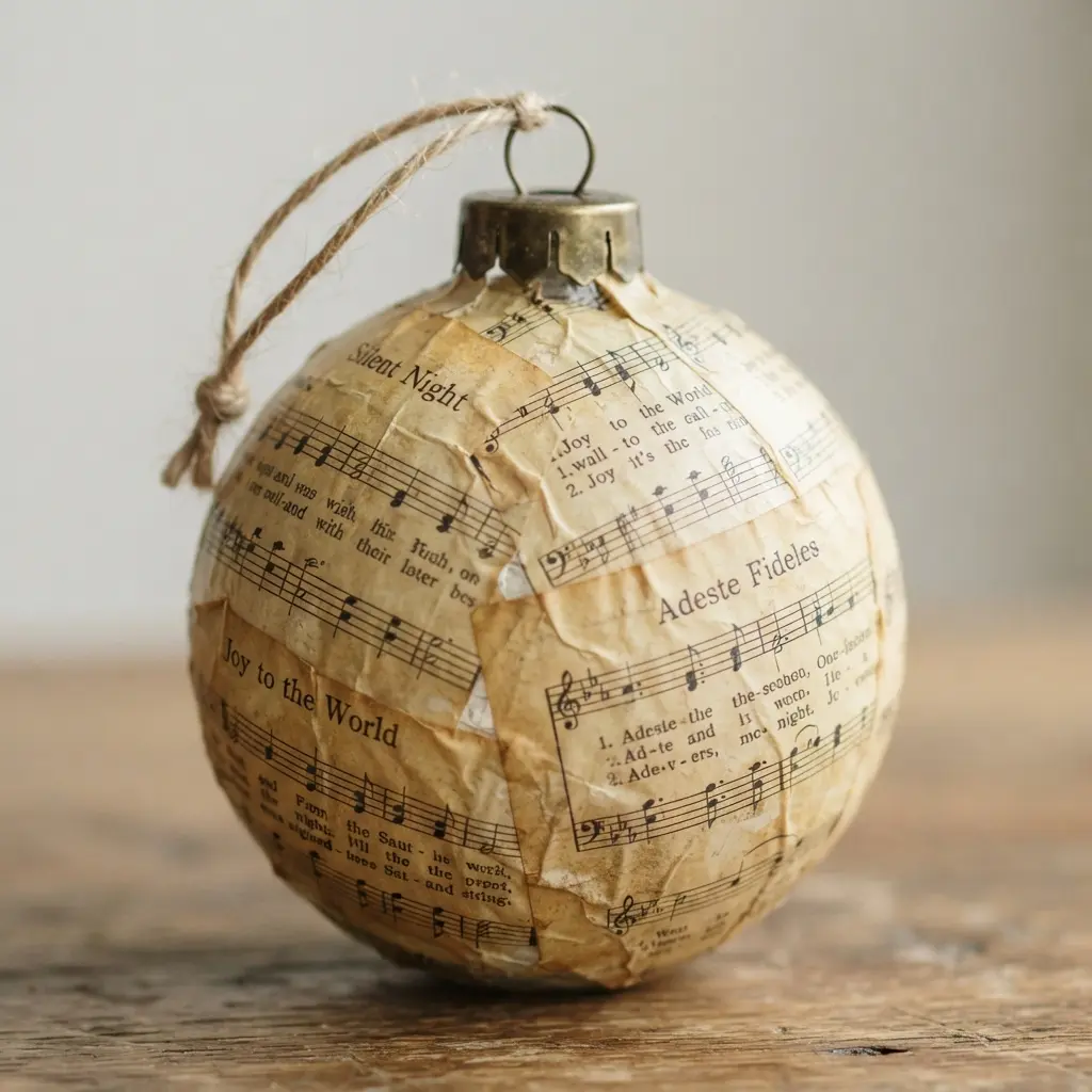 A vintage-style glass ornament decorated with distressed, yellowed sheet music decoupage.