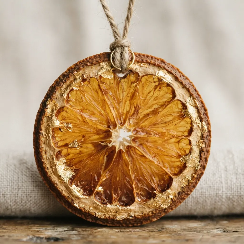 A natural dried orange slice ornament with edges lightly touched by metallic gold gilding.
