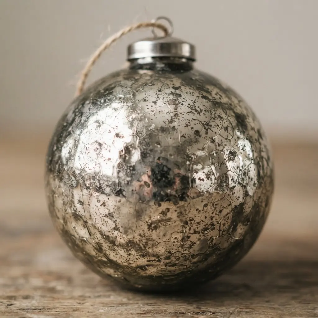 A round bauble with a hand-painted mercury glass effect and intentional crackle texture.