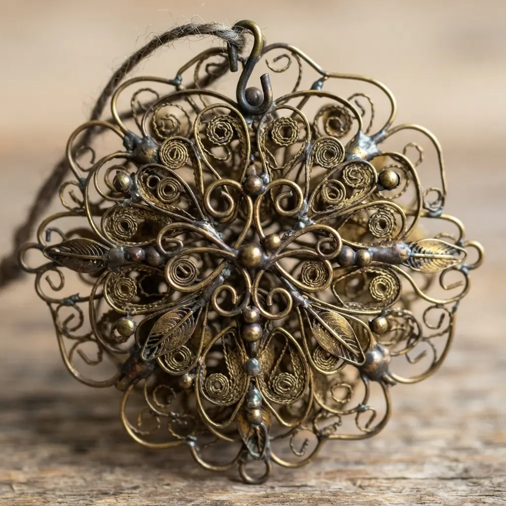 A delicate, three-dimensional wire ornament featuring aged brass filigree patterns.