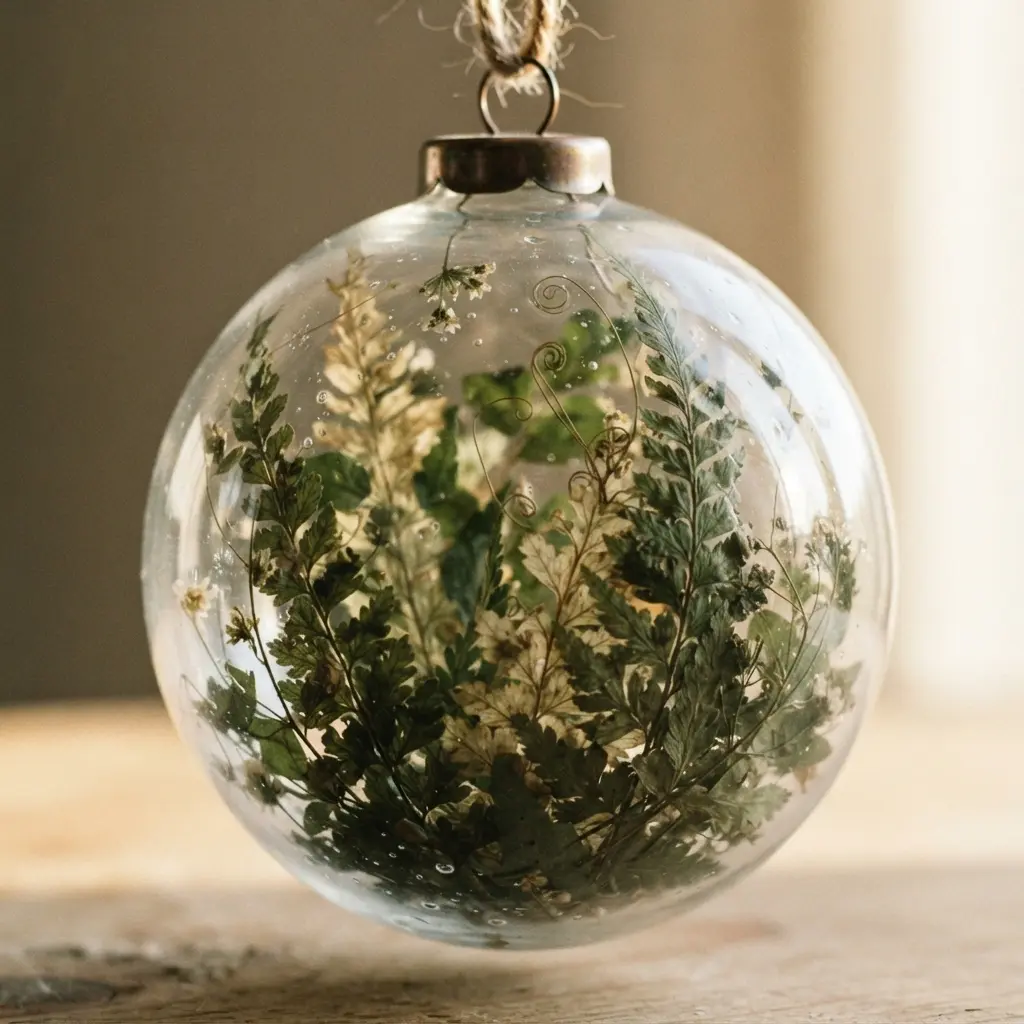 A glass ornament showcasing pressed botanical leaves and ferns for a Victorian aesthetic.