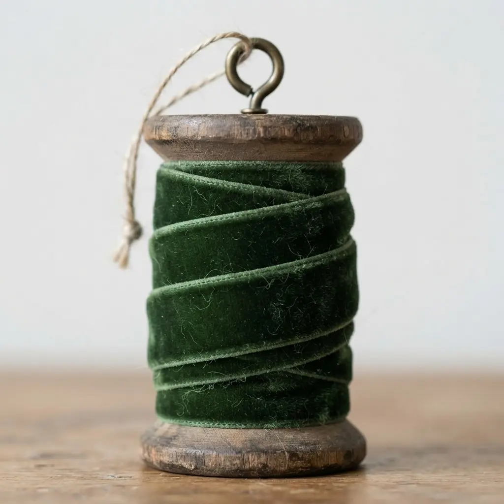 An upcycled wooden spool ornament tightly wrapped with rich, forest green velvet ribbon.