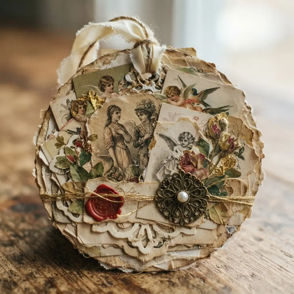 A circular paper ornament decorated with a layered collage of antique postcards and botanical ephemera.