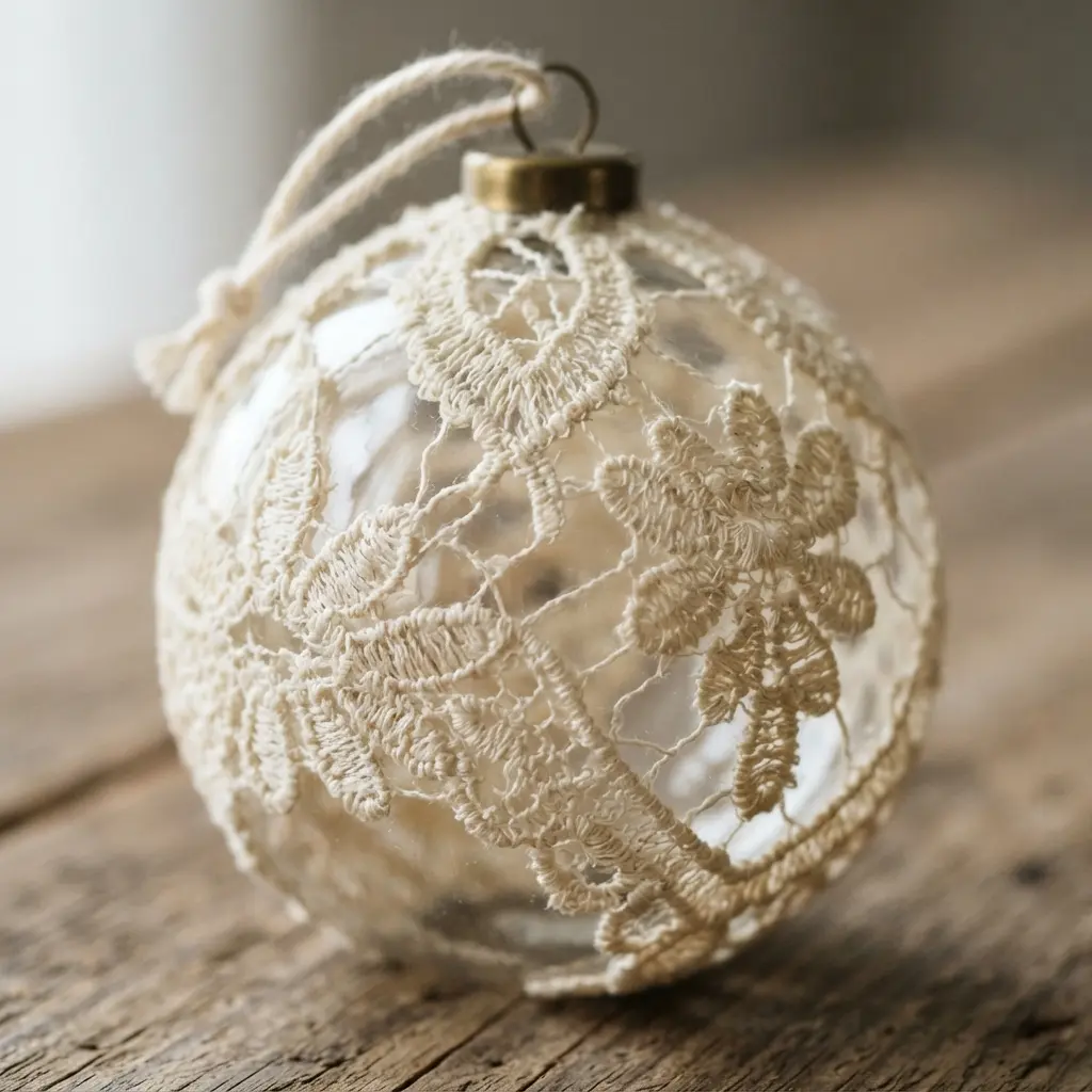 A clear glass ornament elegantly covered with a layer of delicate, antique-style lace.
