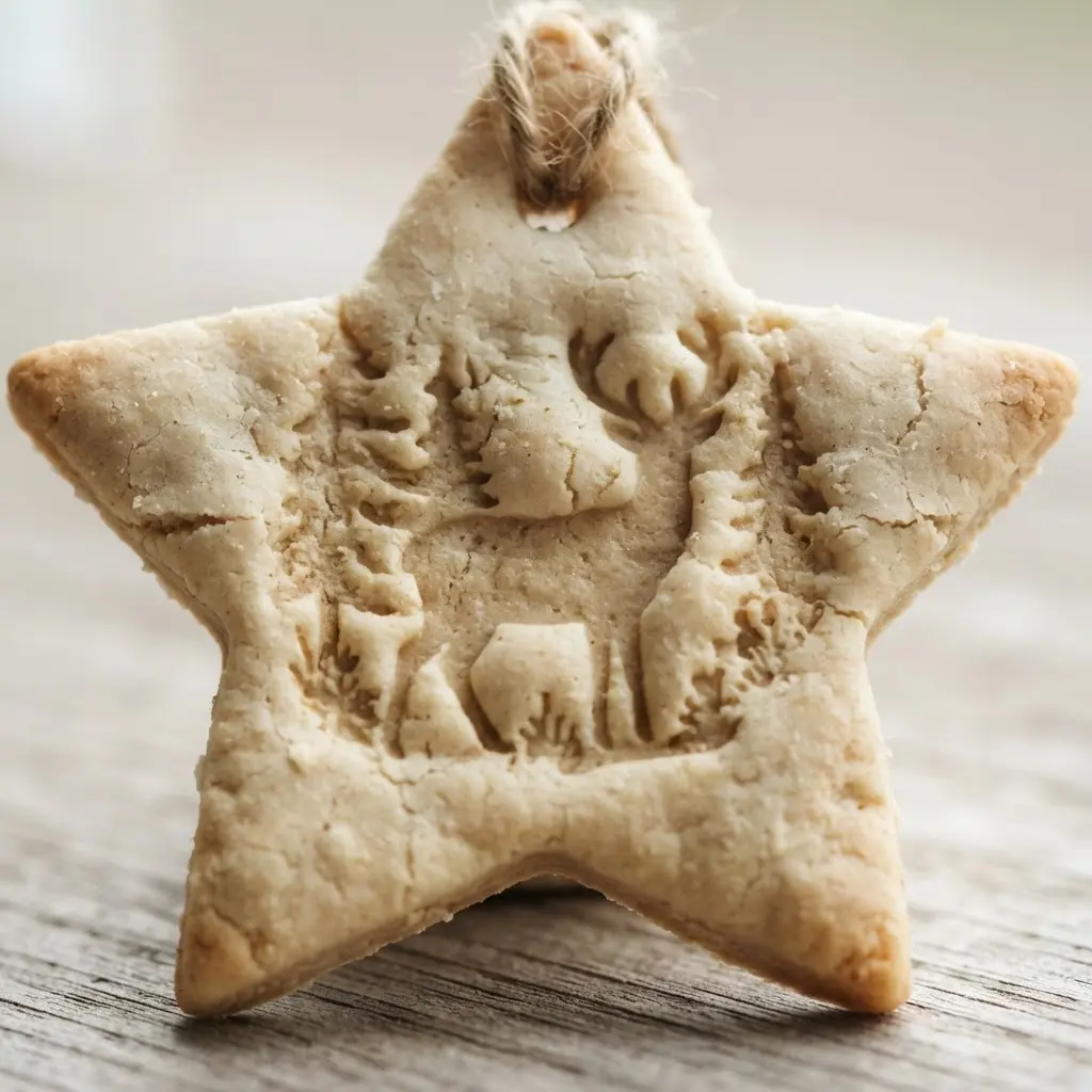 A handmade salt dough star ornament featuring an embossed deer or bird silhouette.