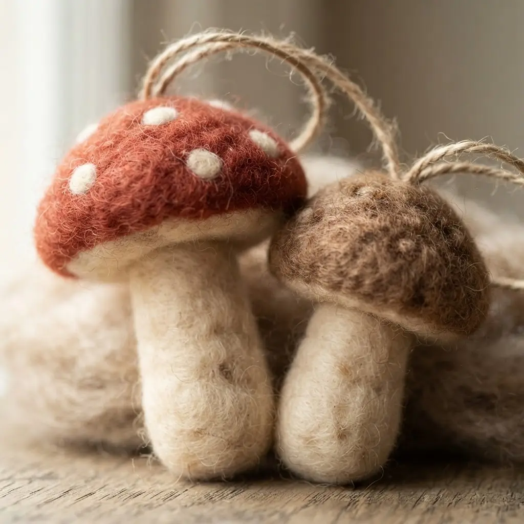 Two charming, hand-felted wool ornaments shaped like vintage-style mushrooms with cream and sepia spots.