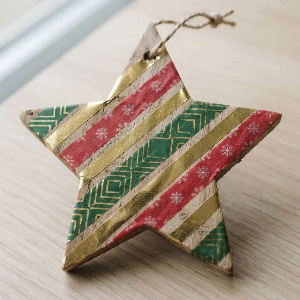 A flat wooden star shape covered in precise horizontal stripes of patterned washi tape.