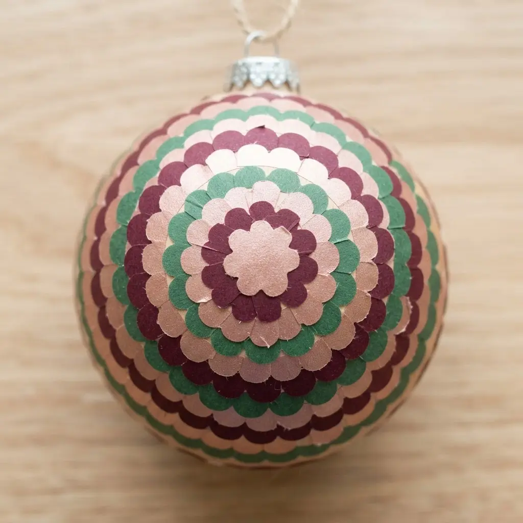 A smooth round ornament decorated with a repeating pattern of scallop-edged washi tape pieces.