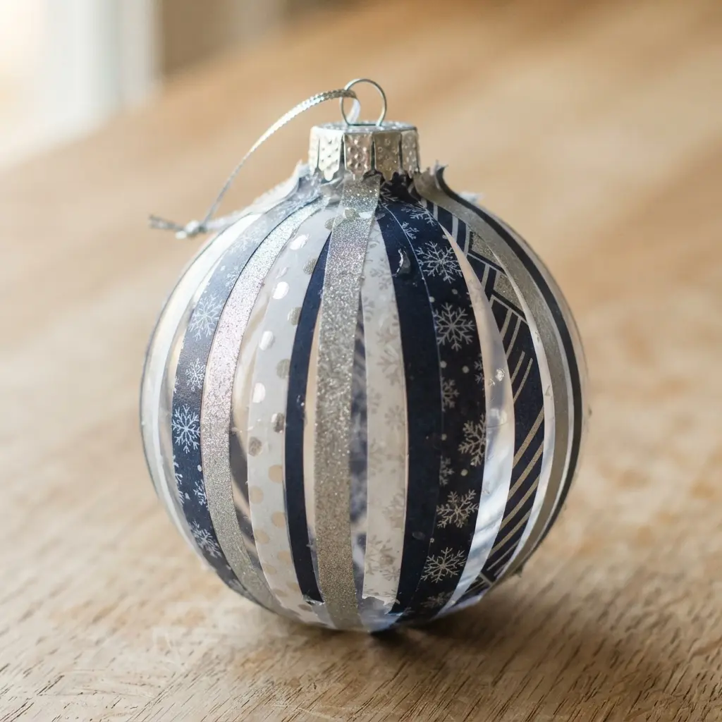 A transparent plastic ornament sphere with vertical lines of colorful, patterned washi tape.
