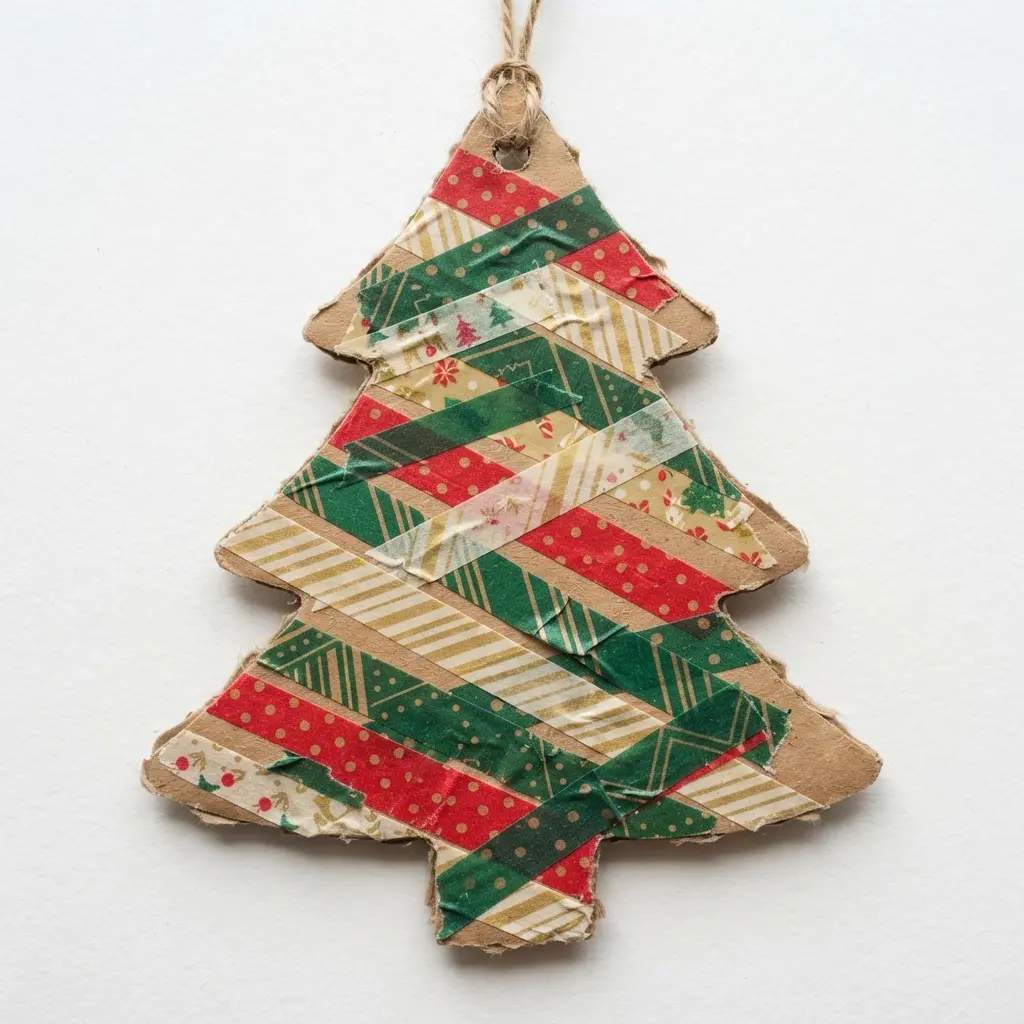 A flat cardboard Christmas tree silhouette decorated with overlapping diagonal strips of patterned washi tape.